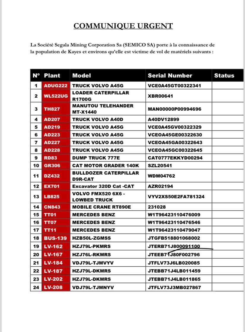 SEMICO dénonce le vol de ses matériels